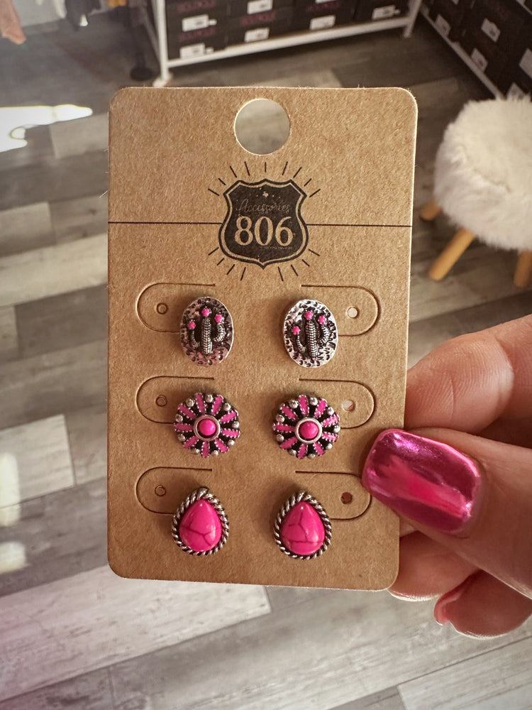 Set of 3 Pink Stone Stud Earrings - Concho/Teardrop/Cactus Oval