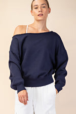 Best Selling French terry Off Shoulder Top in Navy