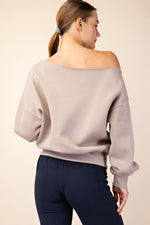 Best Selling French terry Off Shoulder Top in Taupe