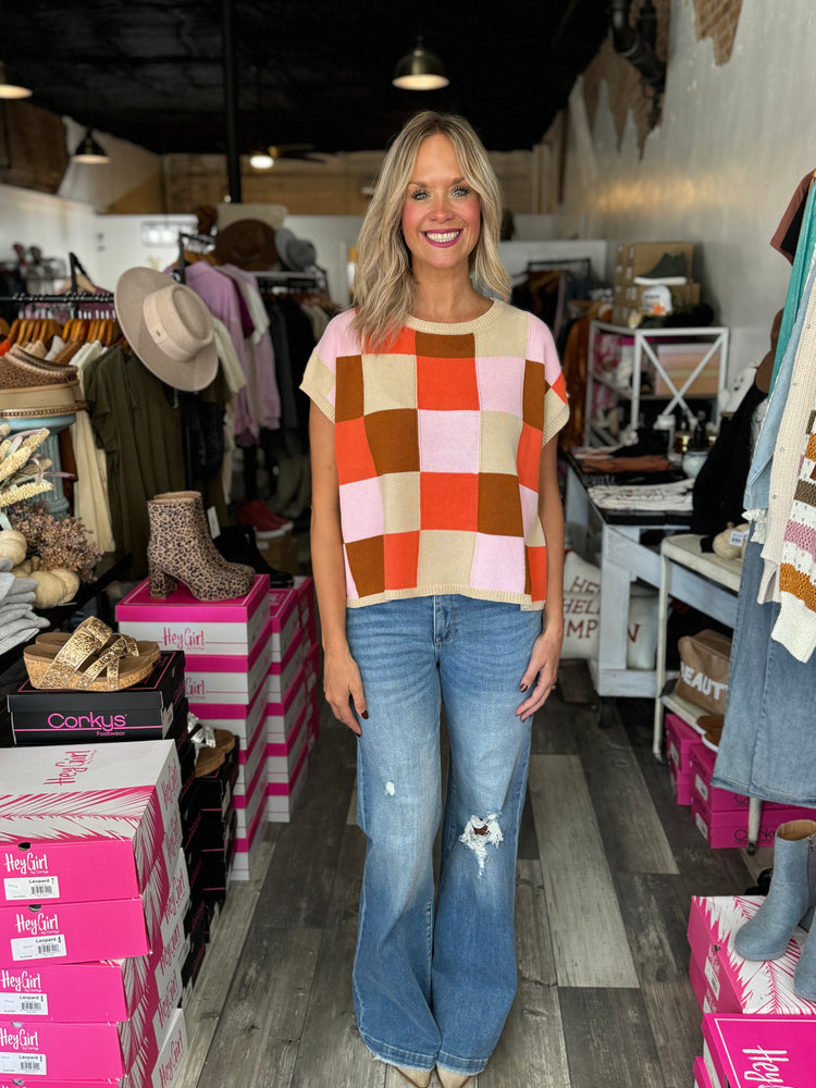 Multi Color Checkered Cropped Sleeve Sweater