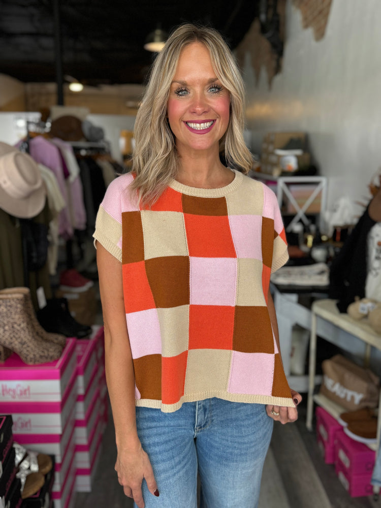Multi Color Checkered Cropped Sleeve Sweater