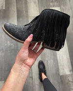 Black Fringe Sparkle Bootie by VeryG