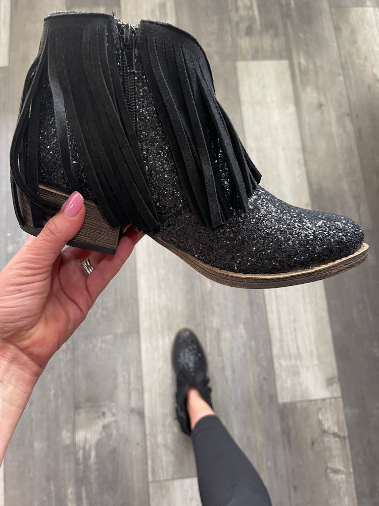 Black Fringe Sparkle Bootie by VeryG