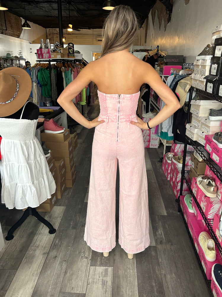 Pink Boho Acid Wash Strapless Denim Jumpsuit