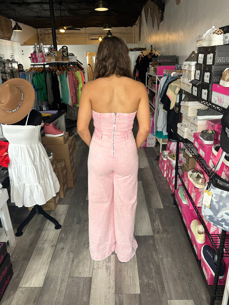 Pink Boho Acid Wash Strapless Denim Jumpsuit