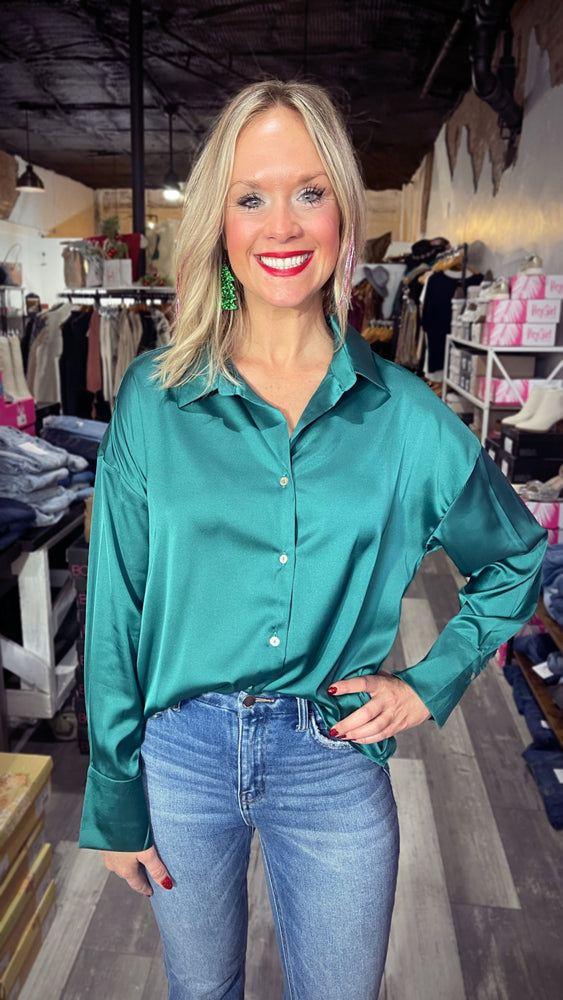 Emerald Button Up Satin Blouse