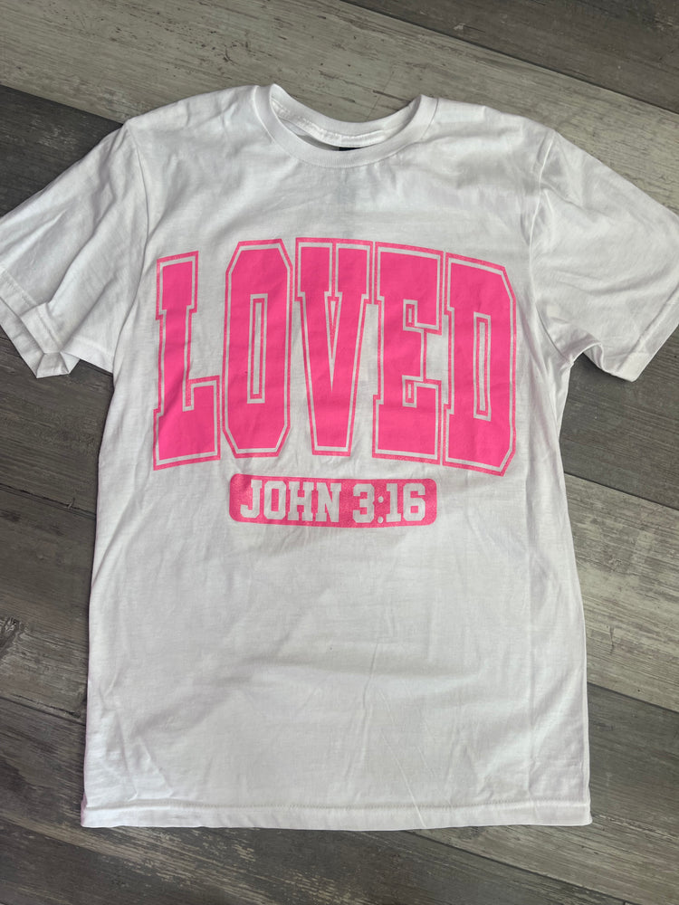 Glitter Pink LOVE John 3:16 Tee in White