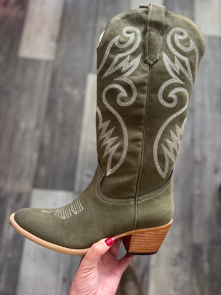 Olive Embroidered Classic Western Boots