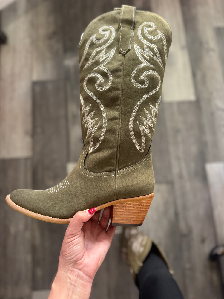 Olive Embroidered Classic Western Boots