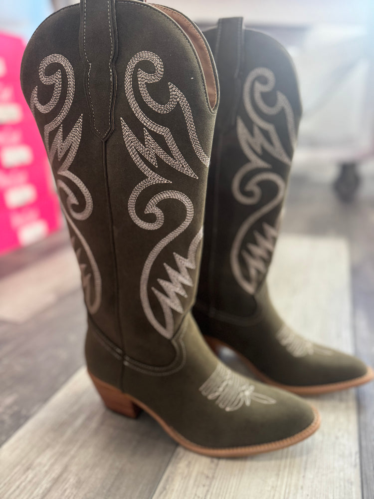 Olive Embroidered Classic Western Boots
