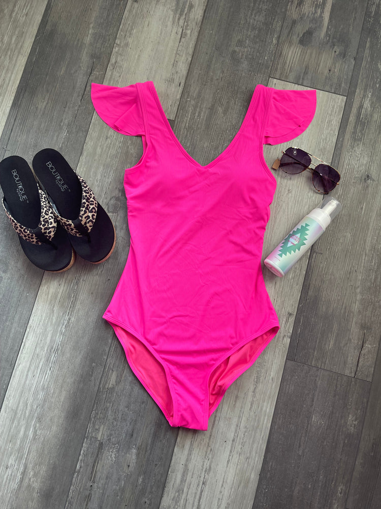 Beachside Bliss Ribbed Ruffle Shoulder One Piece Suit