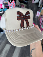 Football Bow Tan Trucker Hat With Pearl Chain