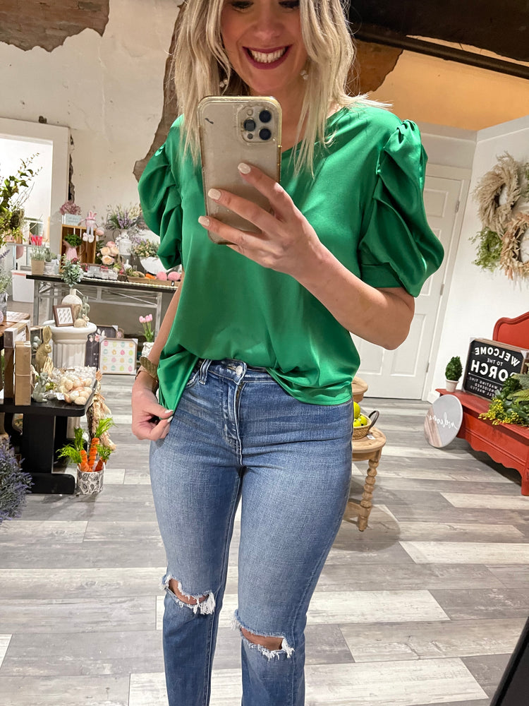 Kelly Green Satin Puff V Neck