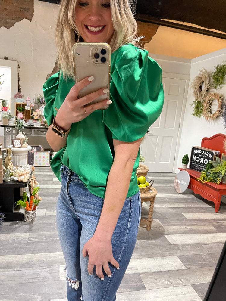 Kelly Green Satin Puff V Neck