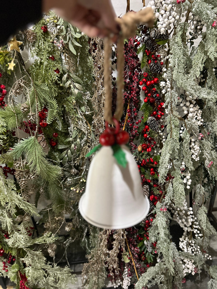 Large White Metal Bell w/ Holly