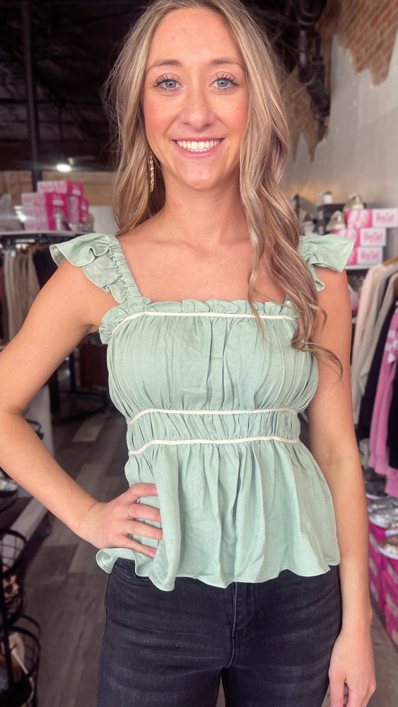 Dark Sage Ruched Flutter Strap Top