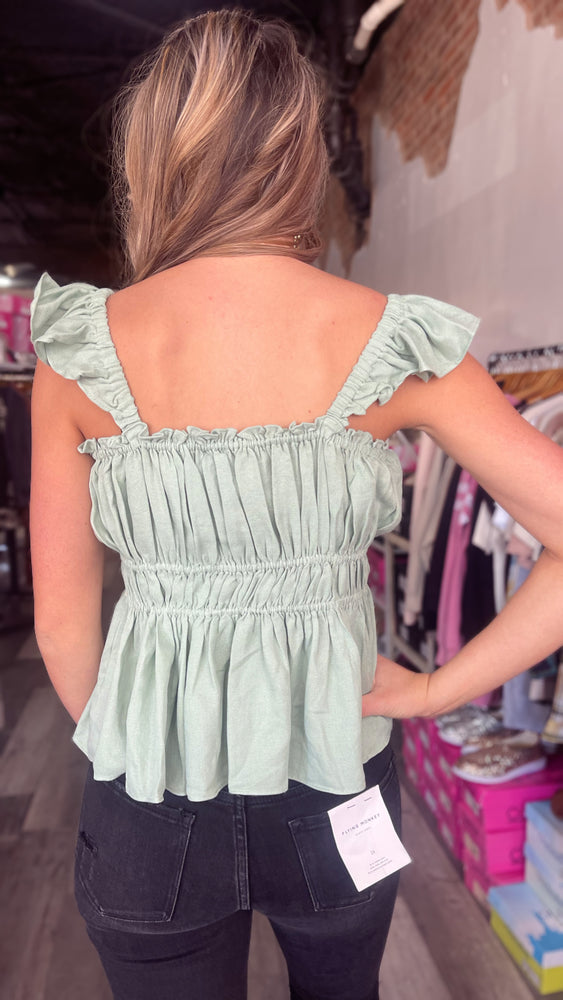 Dark Sage Ruched Flutter Strap Top
