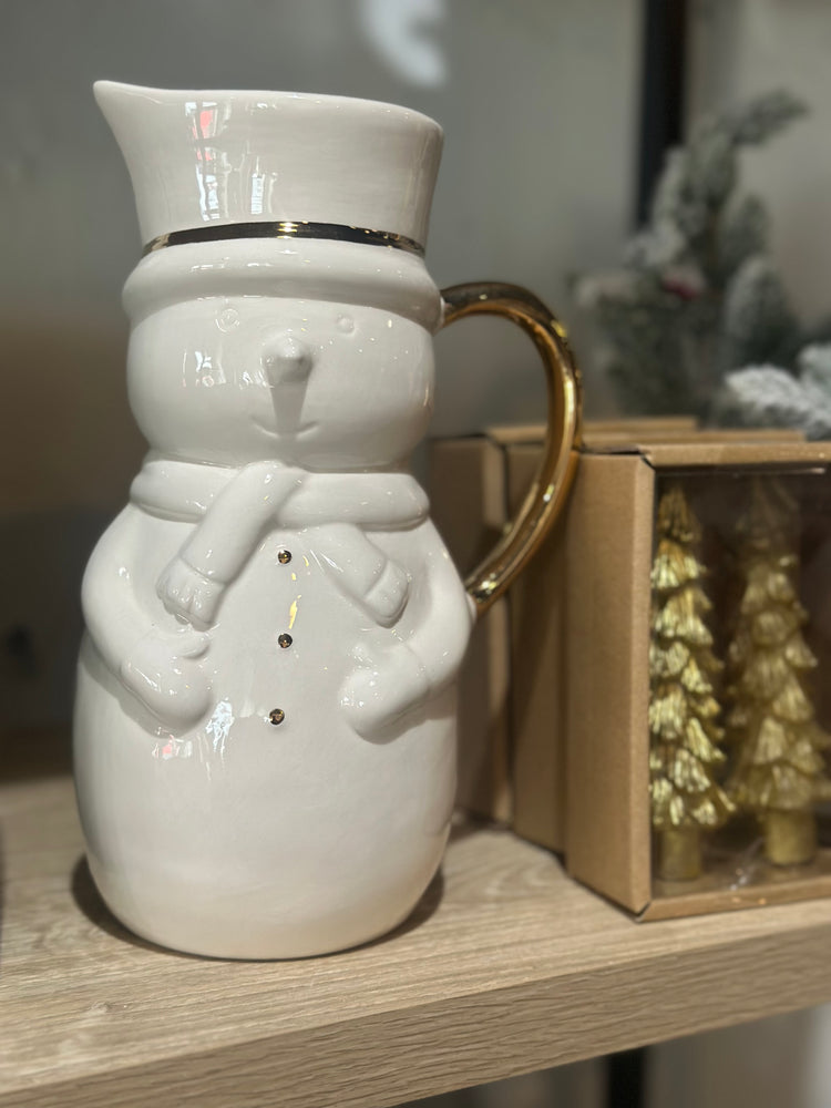 Snowman Stoneware Pitcher with Gold Accents