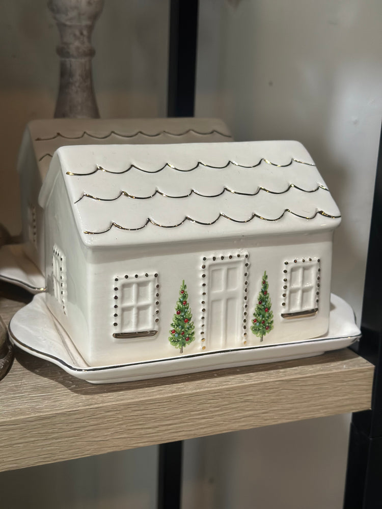 Stoneware House Butter Dish w/ Gold Accents