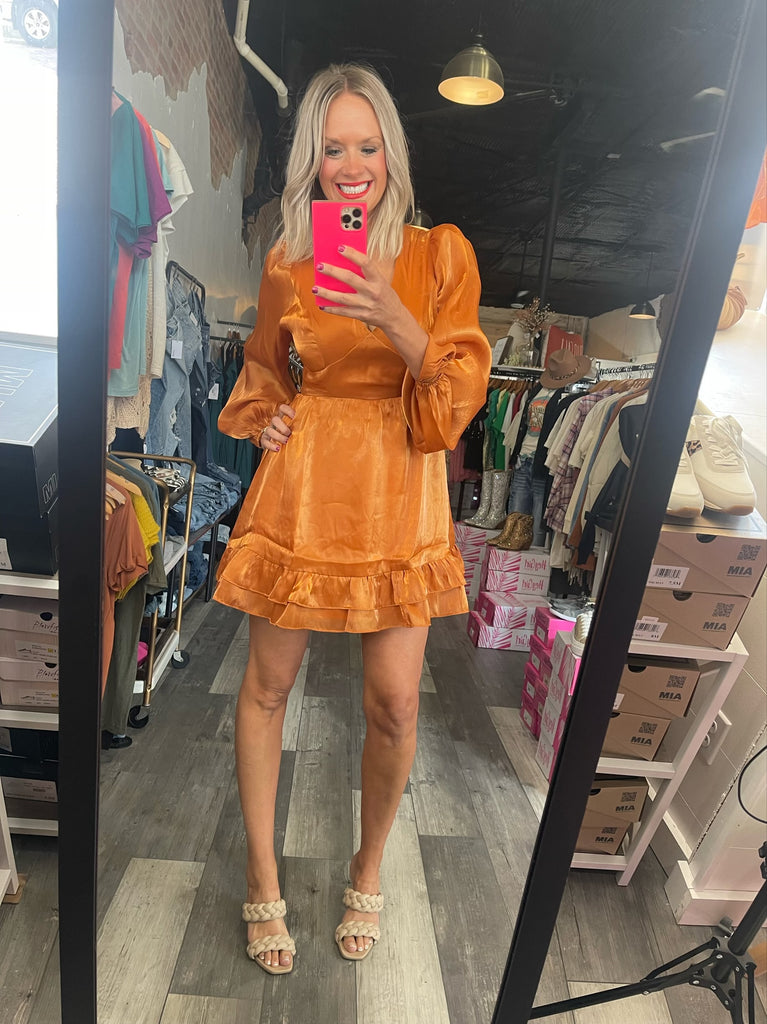 Rust/Gold V-Neck Satin Long Sleeve Dress – The Paisley Prairie Boutique