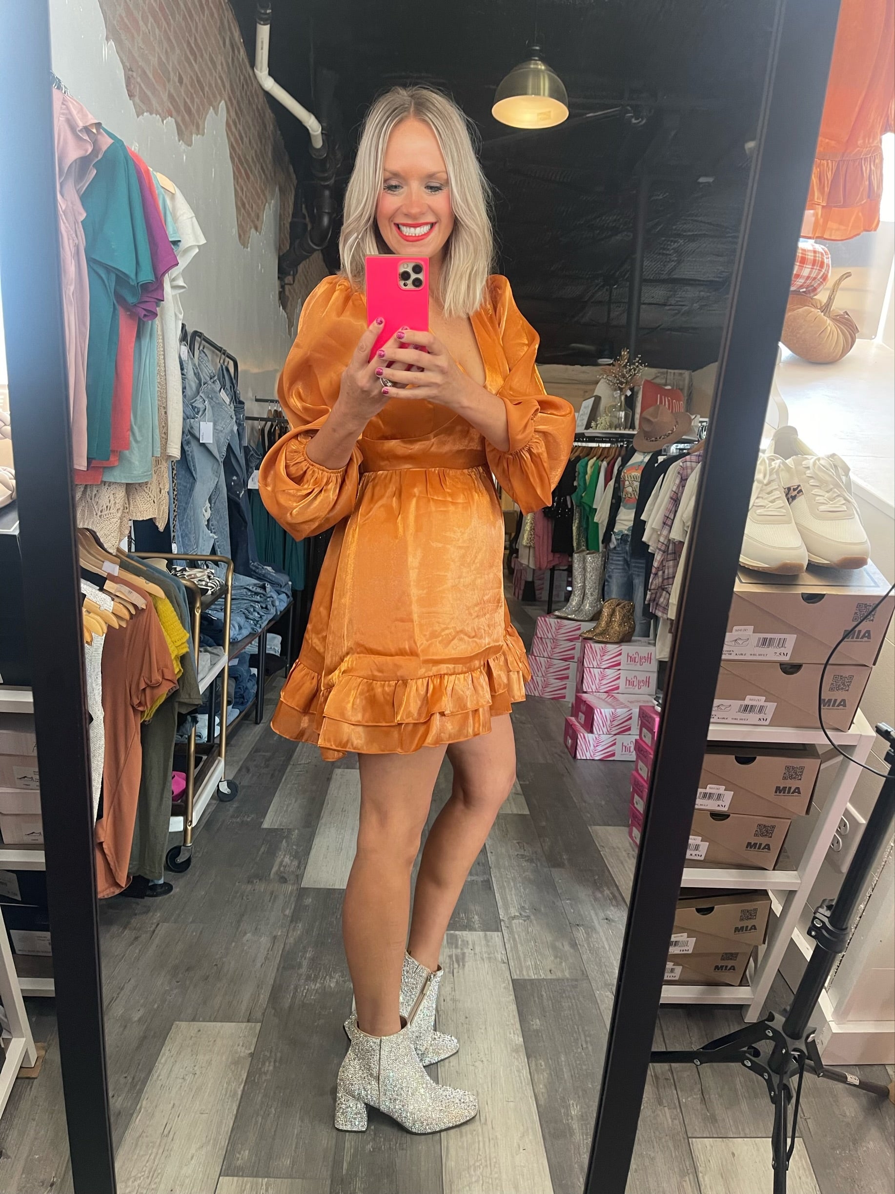 Rust/Gold V-Neck Satin Long Sleeve Dress  The Paisley Prairie Boutique
