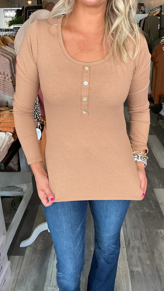 Ribbed Knit Henley Long Sleeve Top