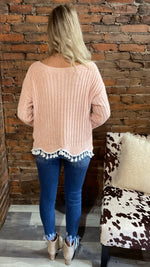 Pink Scalloped Hem Tassel Sweater
