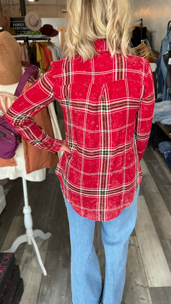 Red Washed Plaid Light Weight Button Up