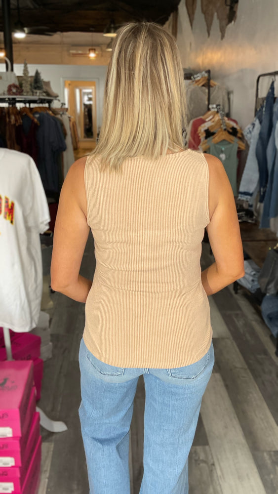 Tan Ribbed Button Down Tank
