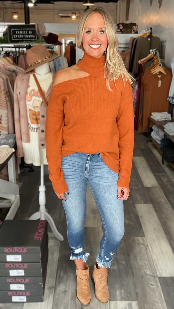 Cold Shoulder Mock Neck Sweater