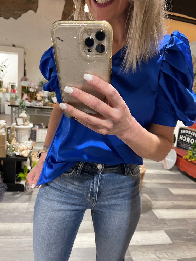 Royal Blue Satin Puff V Neck