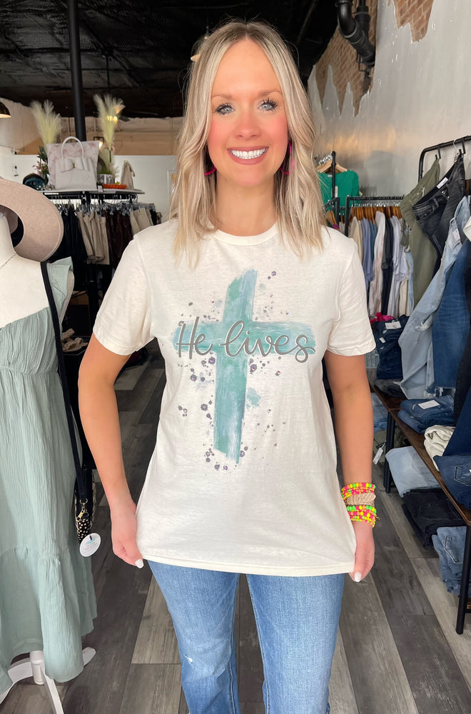 Cream Bedazzled He Lives Tee