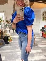 Royal Blue Satin Puff V Neck
