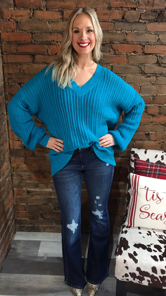 Turquoise Ribbed Open Knit Sweater