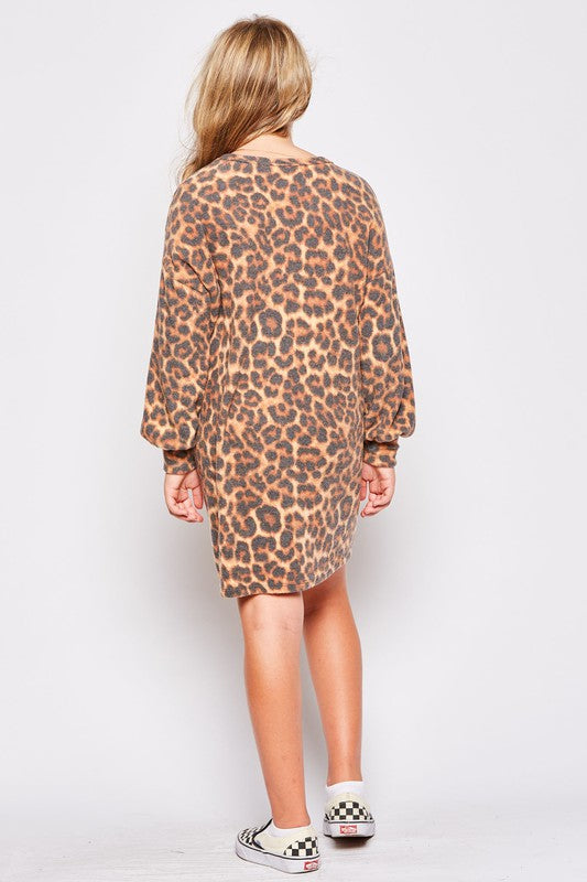 Girls Leopard Ribbed Knit Sweater Dress
