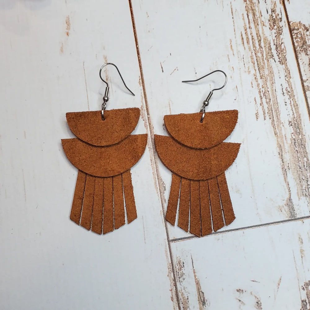 Brown Semi Circle Fringe Leather Earrings