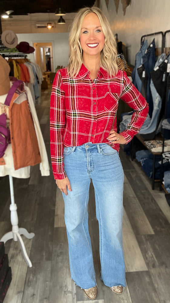 Red Washed Plaid Light Weight Button Up