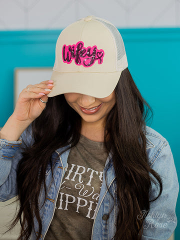 Wifey Patch on Solid Cream High Pony Hat