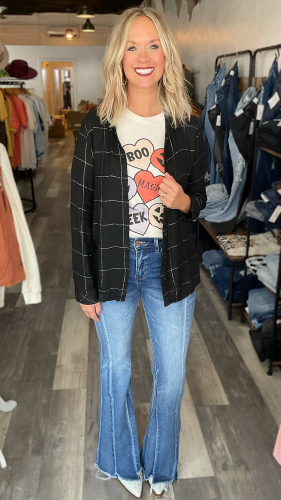 Light Weight Shimmery Plaid Button Up Top