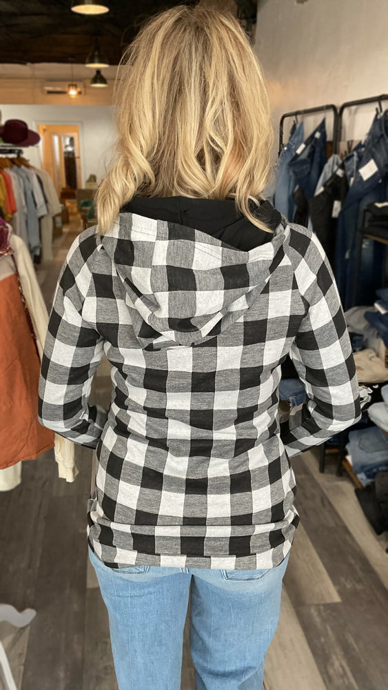 Grey and Black Plaid Double Hooded Hoodie