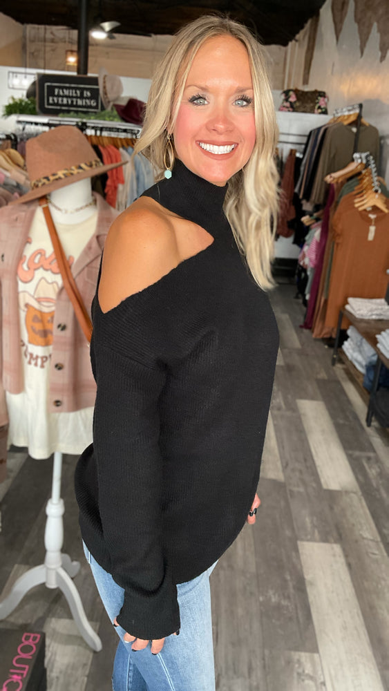 Cold Shoulder Mock Neck Sweater