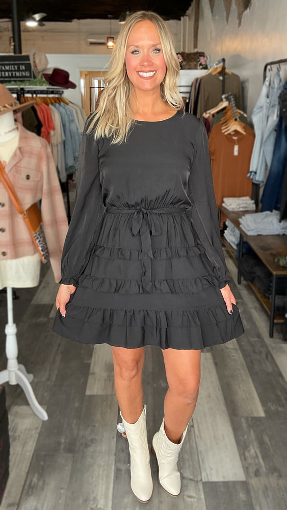 Black Ruffle Tiered Belted Dress