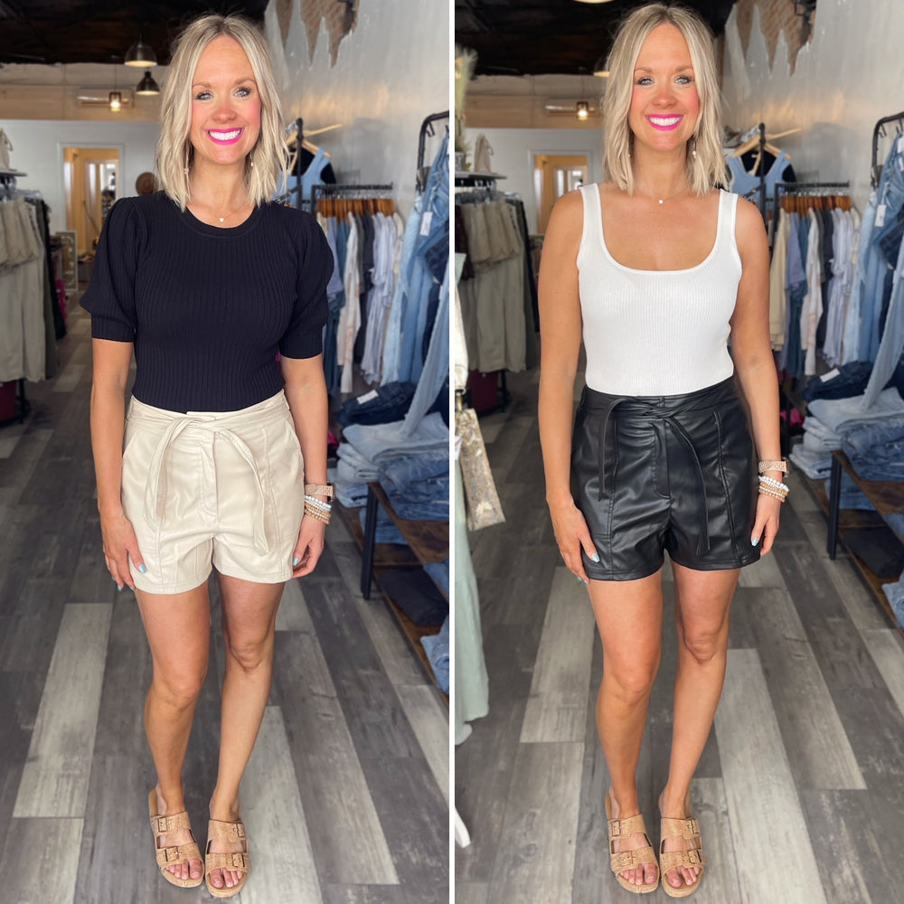 Faux Leather Shorts With Waist Tie