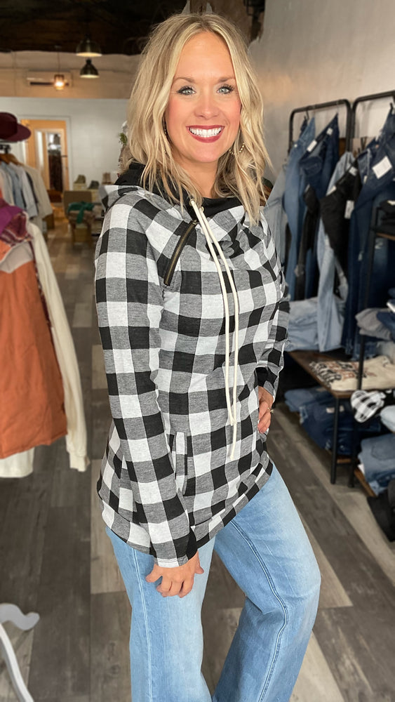 Grey and Black Plaid Double Hooded Hoodie