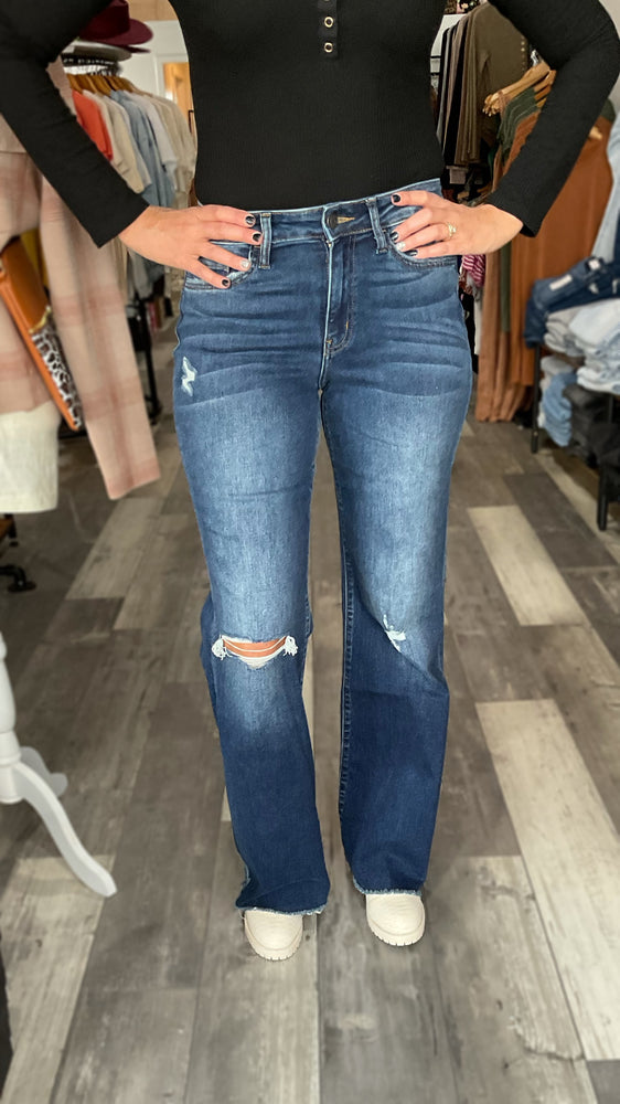 Dark Wash Wide Leg Distressed Knee Jean by Flying Monkey