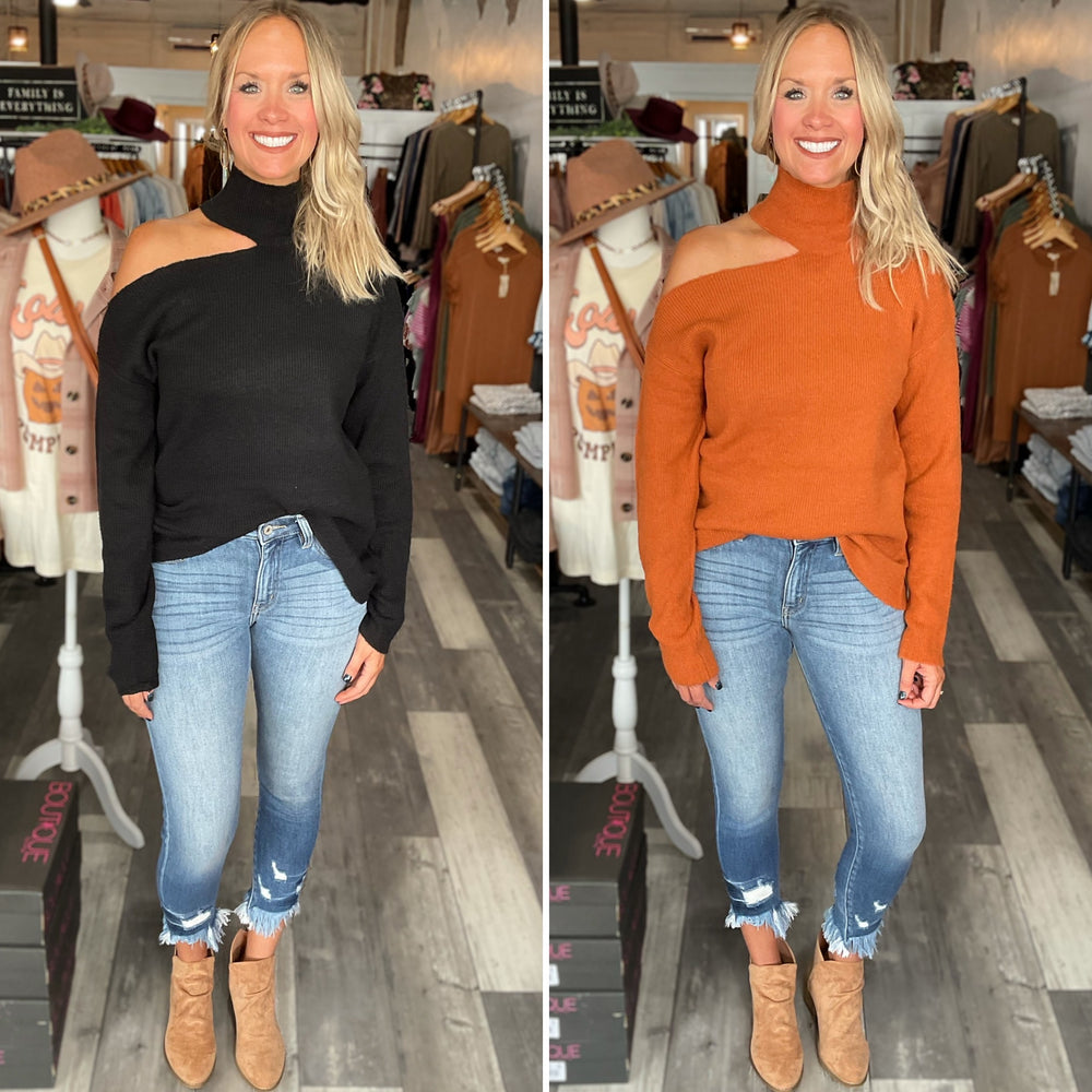 Cold Shoulder Mock Neck Sweater