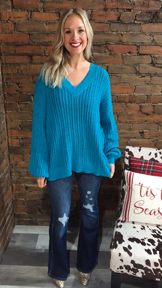 Turquoise Ribbed Open Knit Sweater