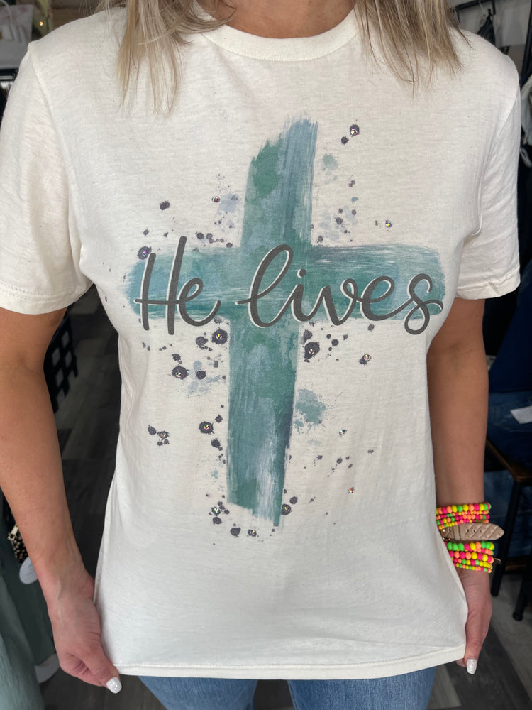 Cream Bedazzled He Lives Tee