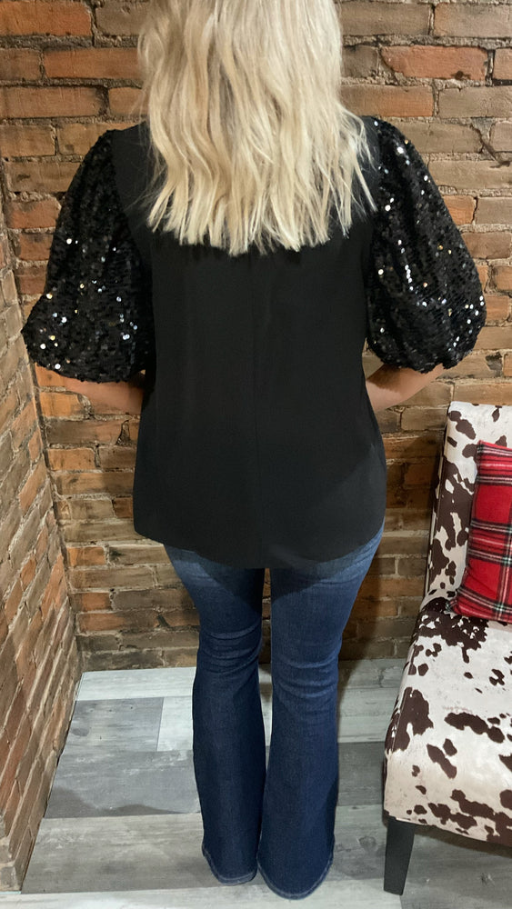 Black Sparkle Puff Short Sleeve Top