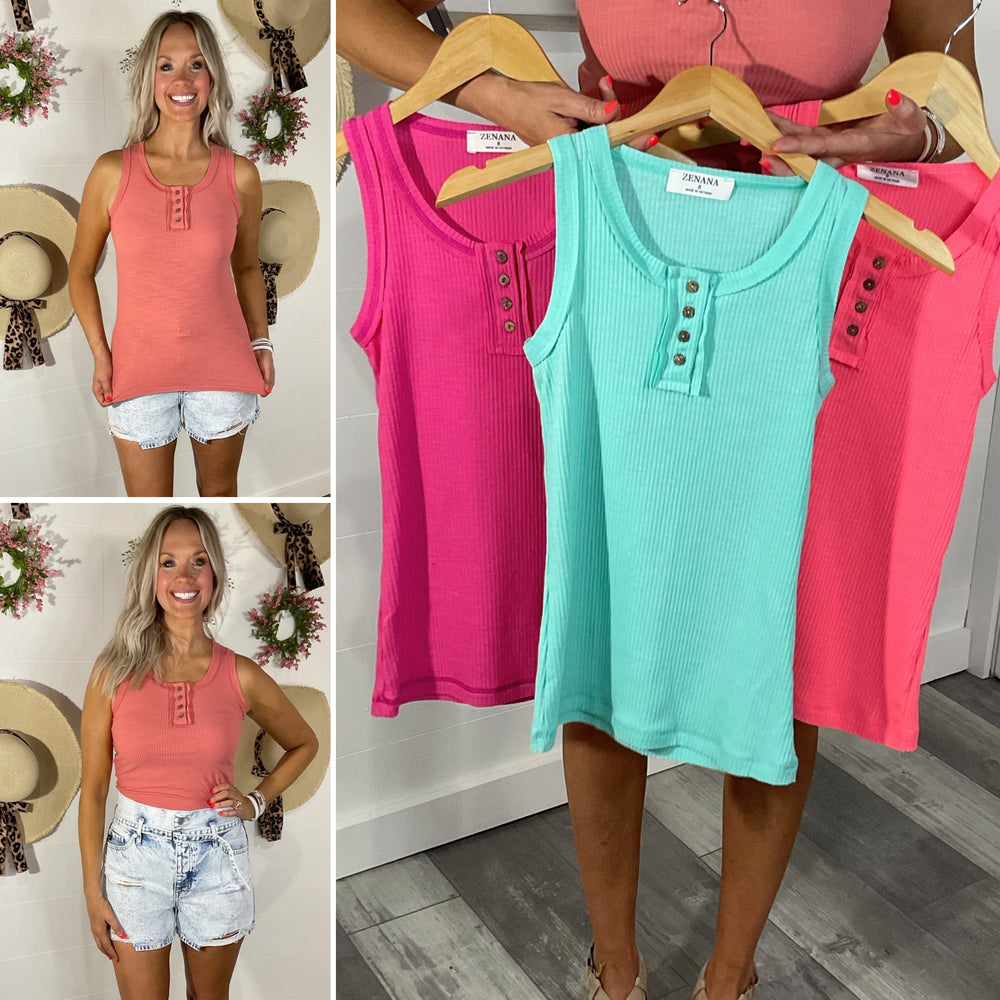 Ribbed Knit Tank w/ Button Detail